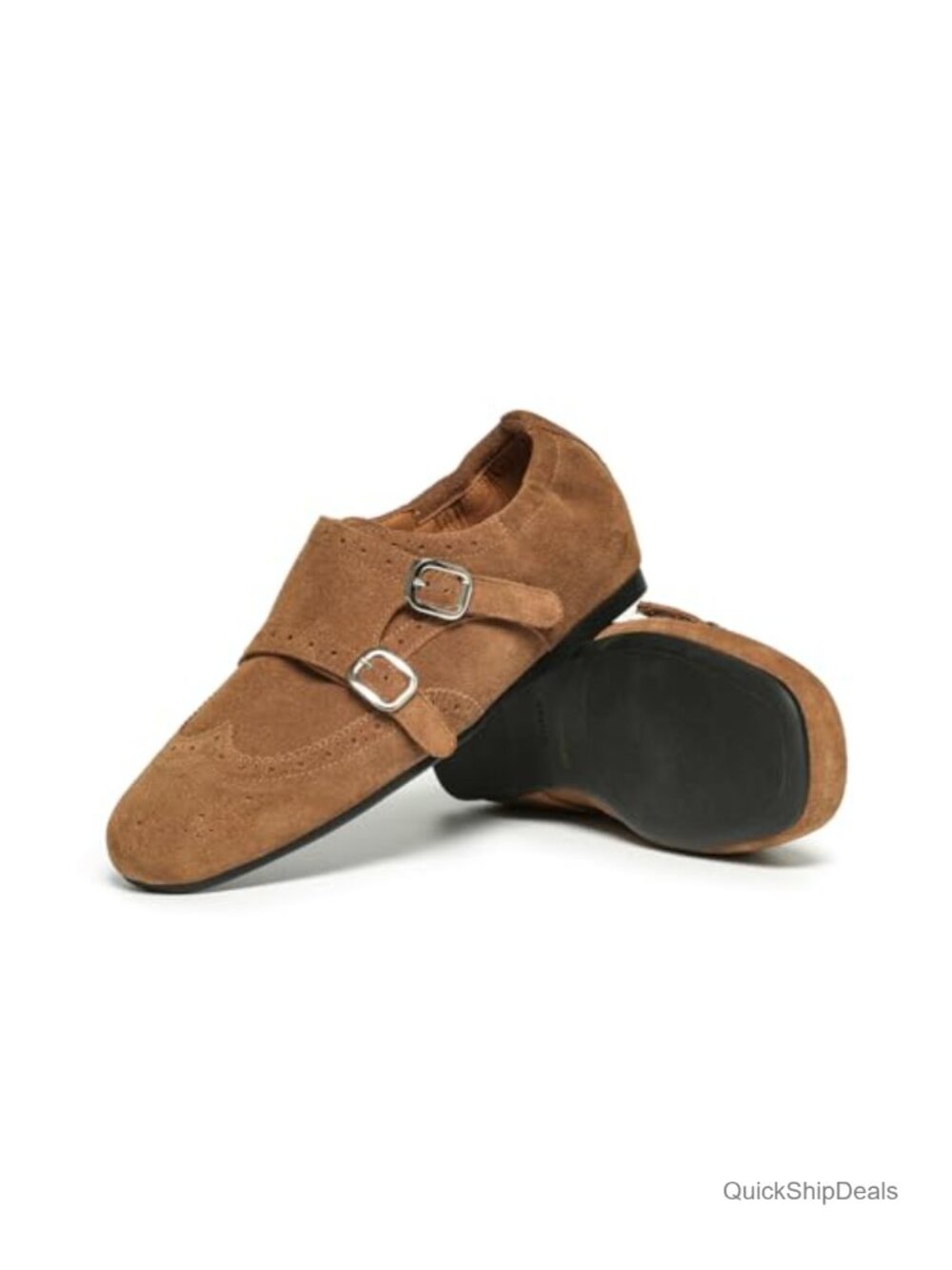 Women's Suede Monk Strap Loafers Square Toe Slip-On Low Heel